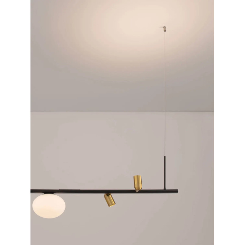 Lampa wisząca podłużna ze szklanymi kulami i reflektorkami Ginos 95cm czarny / opal / mosiądz