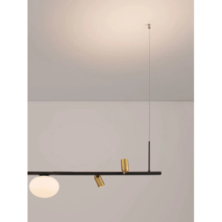 Lampa wisząca podłużna ze szklanymi kulami i reflektorkami Ginos 95cm czarny / opal / mosiądz