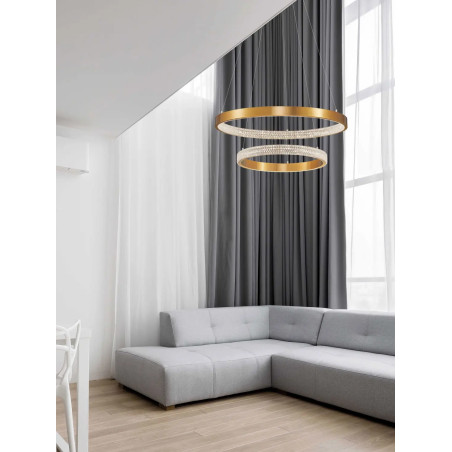 Lampa wisząca 2 ringi z kryształkami i ściemniaczem Kanui 60/40cm LED 3000K złoty mosiądz