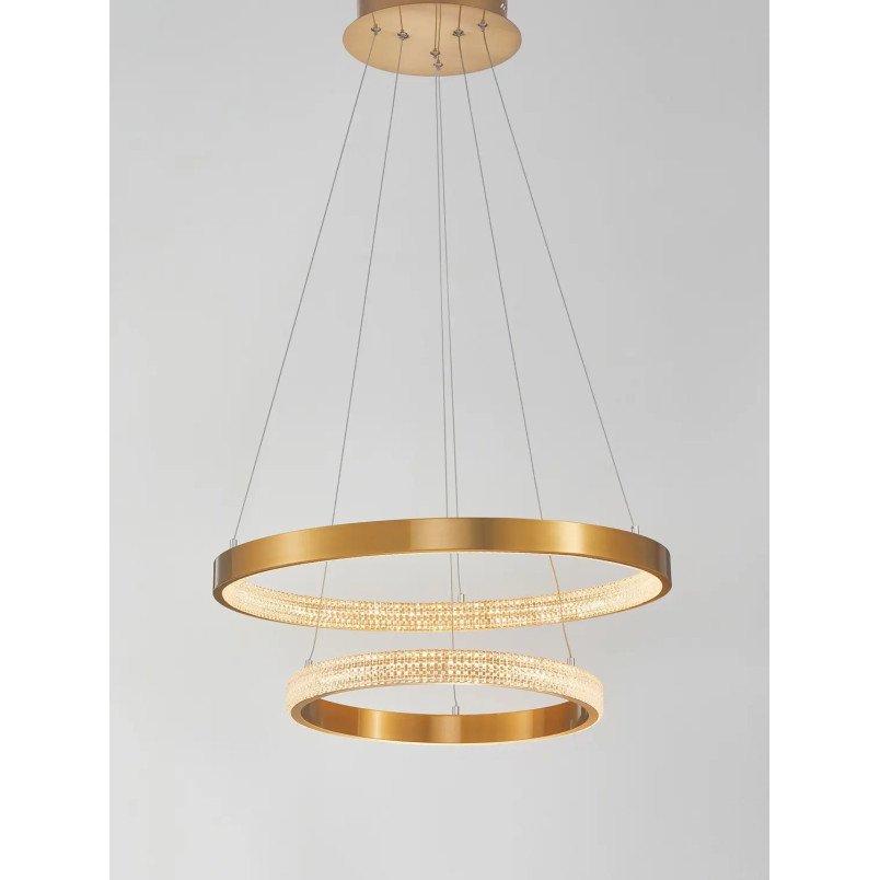 Lampa wisząca 2 ringi z kryształkami i ściemniaczem Kanui 60/40cm LED 3000K złoty mosiądz