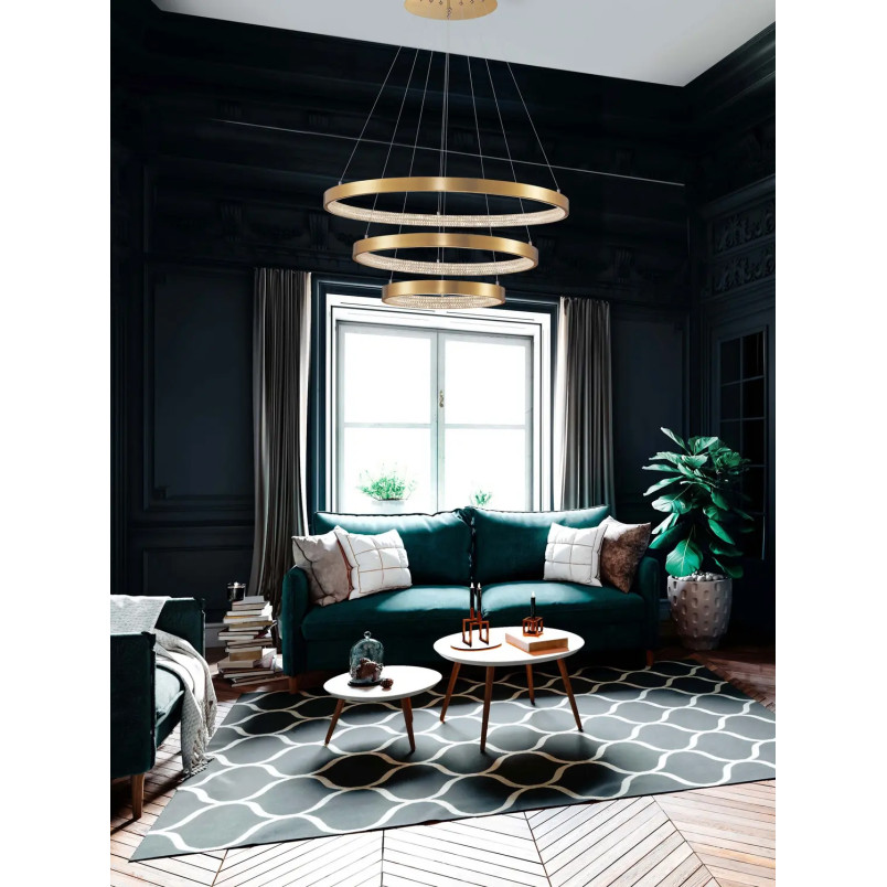 Lampa wisząca 2 ringi z kryształkami i ściemniaczem Kanui 80/60/40cm LED 3000K złoty mosiądz