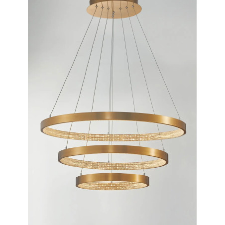 Lampa wisząca 2 ringi z kryształkami i ściemniaczem Kanui 80/60/40cm LED 3000K złoty mosiądz