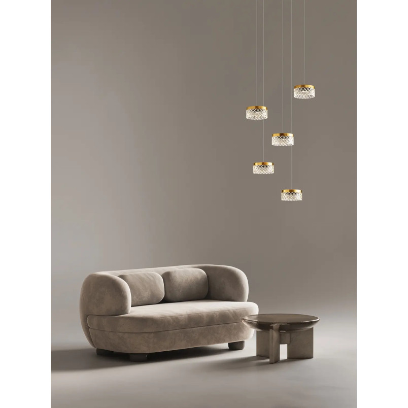 Lampa wisząca glamour 5 punktowa Sedime 50cm LED 3000K złoty mosiądz / przeźroczysty akryl