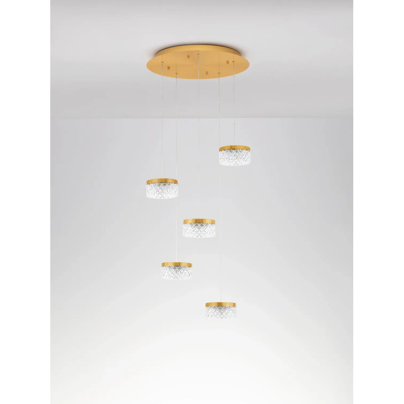 Lampa wisząca glamour 5 punktowa Sedime 50cm LED 3000K złoty mosiądz / przeźroczysty akryl