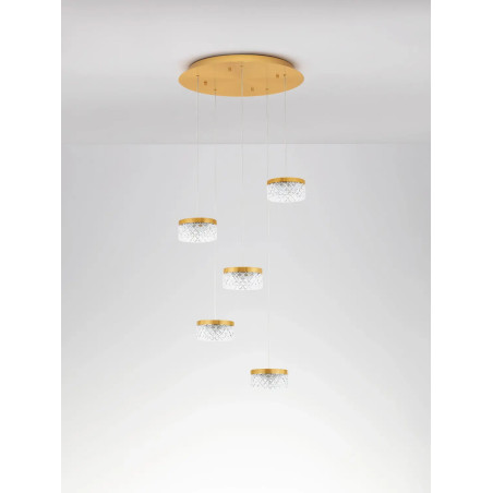 Lampa wisząca glamour 5 punktowa Sedime 50cm LED 3000K złoty mosiądz / przeźroczysty akryl