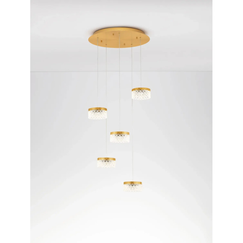 Lampa wisząca glamour 5 punktowa Sedime 50cm LED 3000K złoty mosiądz / przeźroczysty akryl