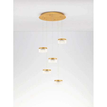 Lampa wisząca glamour 5 punktowa Sedime 50cm LED 3000K złoty mosiądz / przeźroczysty akryl