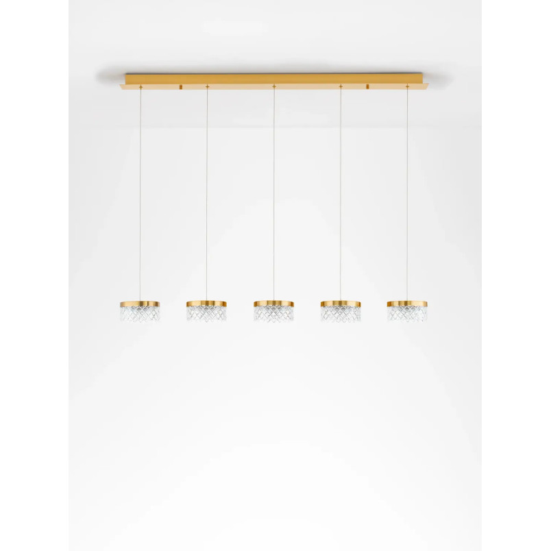 Lampa wisząca glamour 5 punktowa na listwie Sedime 115cm LED 3000K złoty mosiądz / przeźroczysty akryl