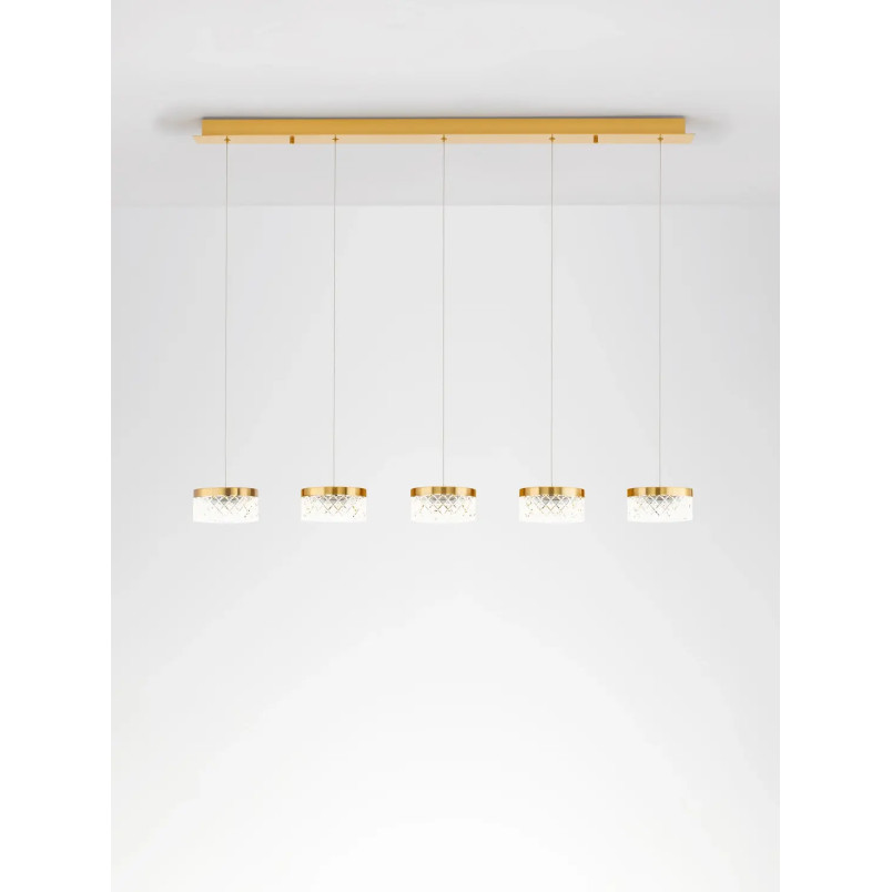Lampa wisząca glamour 5 punktowa na listwie Sedime 115cm LED 3000K złoty mosiądz / przeźroczysty akryl