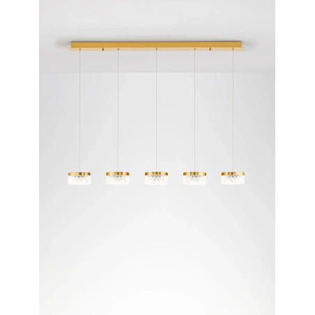 Lampa wisząca glamour 5 punktowa na listwie Sedime 115cm LED 3000K złoty mosiądz / przeźroczysty akryl