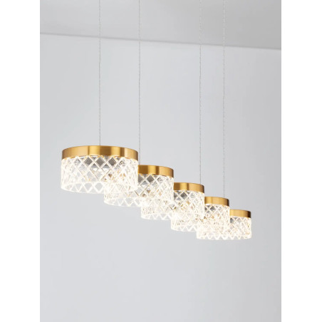 Lampa wisząca glamour 5 punktowa na listwie Sedime 115cm LED 3000K złoty mosiądz / przeźroczysty akryl