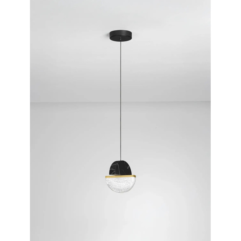 Lampa wisząca marmurowo-szklana Pianetti 16cm LED 2700K czarny marmur / złoty mosiądz / przeźroczysty