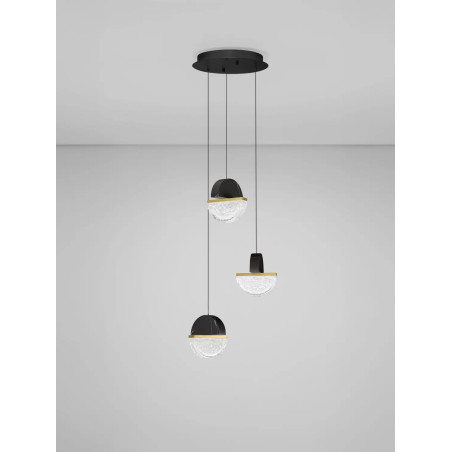 Lampa wisząca marmurowo-szklana 3 punktowa Pianetti 38cm LED 3000K czarny marmur / złoty mosiądz / przeźroczysty