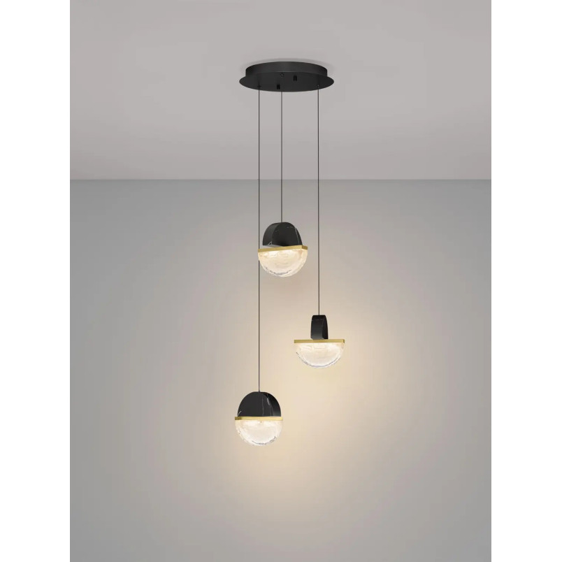 Lampa wisząca marmurowo-szklana 3 punktowa Pianetti 38cm LED 3000K czarny marmur / złoty mosiądz / przeźroczysty