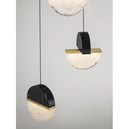 Lampa wisząca marmurowo-szklana 3 punktowa Pianetti 38cm LED 3000K czarny marmur / złoty mosiądz / przeźroczysty