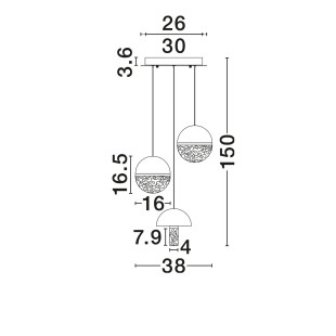 Lampa wisząca marmurowo-szklana 3 punktowa Pianetti 38cm LED 3000K czarny marmur / złoty mosiądz / przeźroczysty