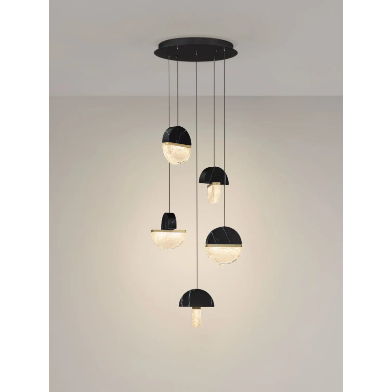Lampa wisząca marmurowo-szklana 5 punktowa Pianetti 46cm LED 3000K czarny marmur / złoty mosiądz / przeźroczysty