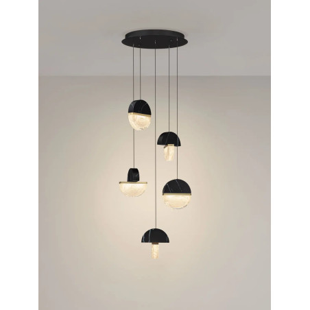 Lampa wisząca marmurowo-szklana 5 punktowa Pianetti 46cm LED 3000K czarny marmur / złoty mosiądz / przeźroczysty