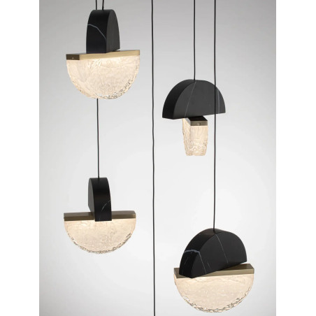 Lampa wisząca marmurowo-szklana 5 punktowa Pianetti 46cm LED 2700K czarny marmur / złoty mosiądz / przeźroczysty