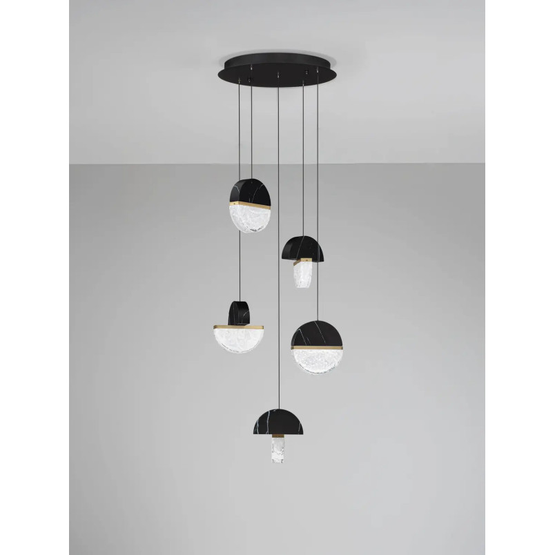 Lampa wisząca marmurowo-szklana 5 punktowa Pianetti 46cm LED 2700K czarny marmur / złoty mosiądz / przeźroczysty