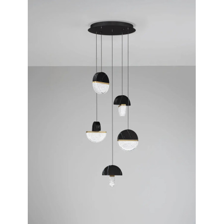 Lampa wisząca marmurowo-szklana 5 punktowa Pianetti 46cm LED 2700K czarny marmur / złoty mosiądz / przeźroczysty
