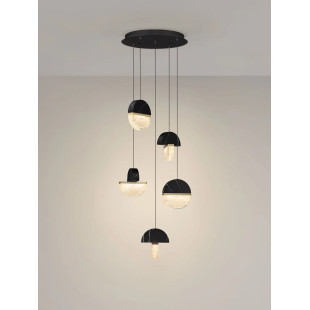 Lampa wisząca marmurowo-szklana 5 punktowa Pianetti 46cm LED 2700K czarny marmur / złoty mosiądz / przeźroczysty