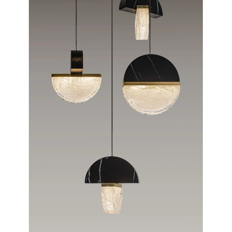 Lampa wisząca marmurowo-szklana 5 punktowa Pianetti 46cm LED 2700K czarny marmur / złoty mosiądz / przeźroczysty