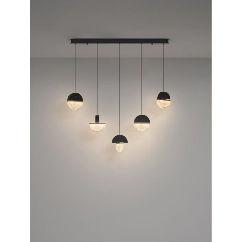 Lampa wisząca marmurowo-szklana 5 punktowa na listwie Pianetti 104cm LED 3000K czarny marmur / złoty mosiądz / przeźroczysty