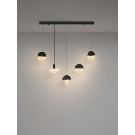 Lampa wisząca marmurowo-szklana 5 punktowa na listwie Pianetti 104cm LED 3000K czarny marmur / złoty mosiądz / przeźroczysty