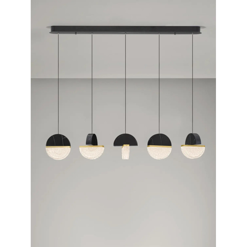 Lampa wisząca marmurowo-szklana 5 punktowa na listwie Pianetti 104cm LED 3000K czarny marmur / złoty mosiądz / przeźroczysty