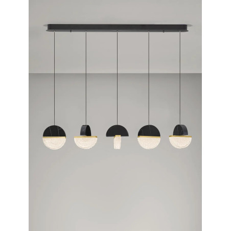 Lampa wisząca marmurowo-szklana 5 punktowa na listwie Pianetti 104cm LED 3000K czarny marmur / złoty mosiądz / przeźroczysty