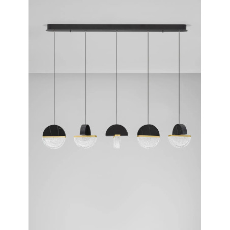 Lampa wisząca marmurowo-szklana 5 punktowa na listwie Pianetti 104cm LED 2700K czarny marmur / złoty mosiądz / przeźroczysty