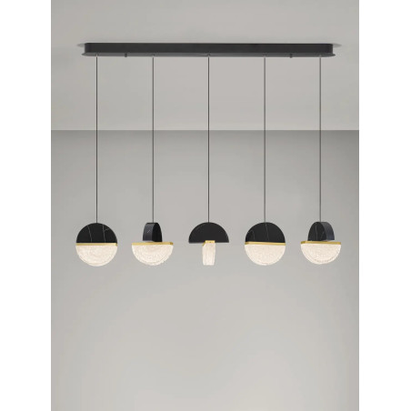 Lampa wisząca marmurowo-szklana 5 punktowa na listwie Pianetti 104cm LED 2700K czarny marmur / złoty mosiądz / przeźroczysty