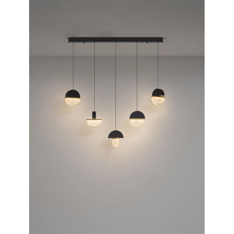 Lampa wisząca marmurowo-szklana 5 punktowa na listwie Pianetti 104cm LED 2700K czarny marmur / złoty mosiądz / przeźroczysty