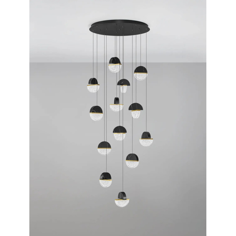 Lampa wisząca marmurowo-szklana Pianetti 78cm LED 2700K czarny marmur / złoty mosiądz / przeźroczysty