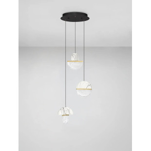 Lampa wisząca marmurowo-szklana 3 punktowa Pianetti 38cm LED 3000K biały marmur / złoty mosiądz / przeźroczysty