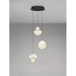 Lampa wisząca marmurowo-szklana 3 punktowa Pianetti 38cm LED 3000K biały marmur / złoty mosiądz / przeźroczysty