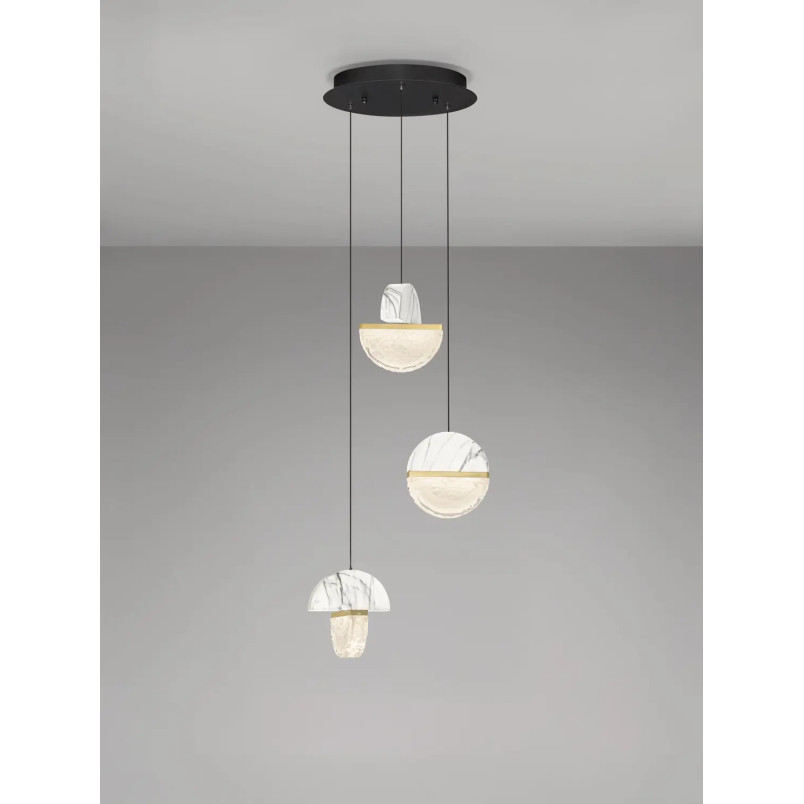 Lampa wisząca marmurowo-szklana 3 punktowa Pianetti 38cm LED 3000K biały marmur / złoty mosiądz / przeźroczysty