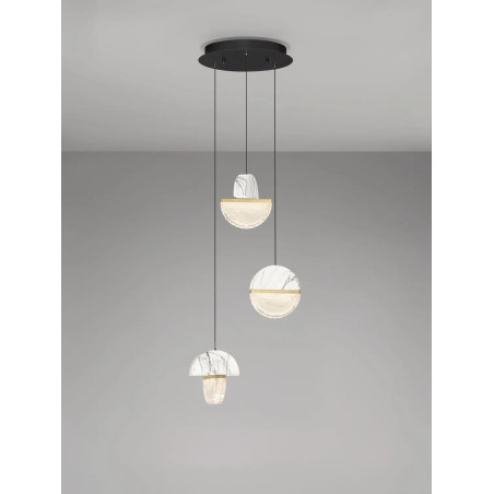 Lampa wisząca marmurowo-szklana 3 punktowa Pianetti 38cm LED 3000K biały marmur / złoty mosiądz / przeźroczysty
