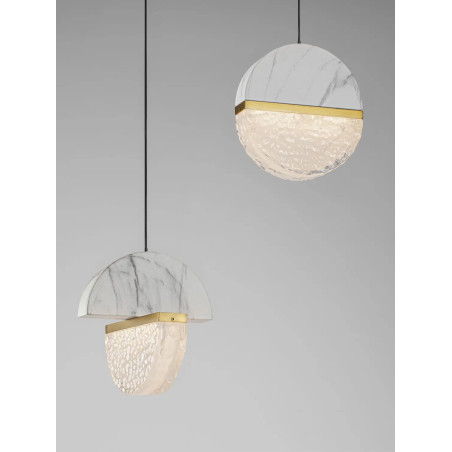 Lampa wisząca marmurowo-szklana 3 punktowa Pianetti 38cm LED 3000K biały marmur / złoty mosiądz / przeźroczysty