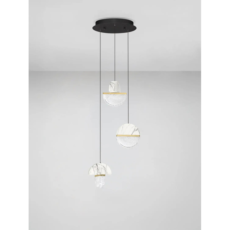 Lampa wisząca marmurowo-szklana 3 punktowa Pianetti 38cm LED 2700K biały marmur / złoty mosiądz / przeźroczysty