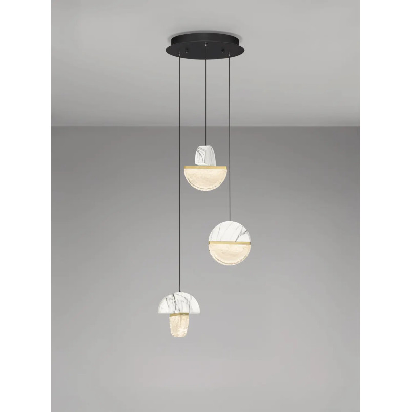 Lampa wisząca marmurowo-szklana 3 punktowa Pianetti 38cm LED 2700K biały marmur / złoty mosiądz / przeźroczysty