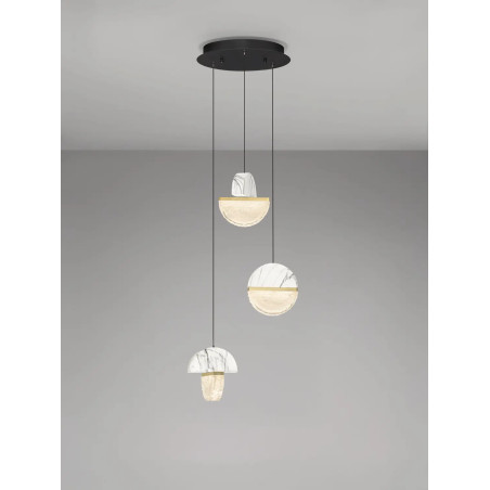 Lampa wisząca marmurowo-szklana 3 punktowa Pianetti 38cm LED 2700K biały marmur / złoty mosiądz / przeźroczysty