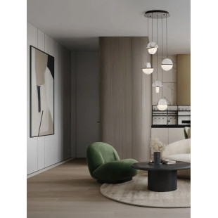 Lampa wisząca marmurowo-szklana 5 punktowa Pianetti 46cm LED 3000K biały marmur / złoty mosiądz / przeźroczysty