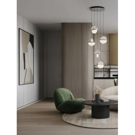 Lampa wisząca marmurowo-szklana 5 punktowa Pianetti 46cm LED 3000K biały marmur / złoty mosiądz / przeźroczysty