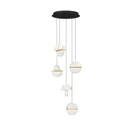 Lampa wisząca marmurowo-szklana 5 punktowa Pianetti 46cm LED 3000K biały marmur / złoty mosiądz / przeźroczysty