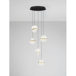 Lampa wisząca marmurowo-szklana 5 punktowa Pianetti 46cm LED 3000K biały marmur / złoty mosiądz / przeźroczysty