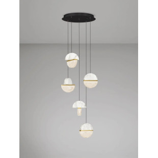Lampa wisząca marmurowo-szklana 5 punktowa Pianetti 46cm LED 3000K biały marmur / złoty mosiądz / przeźroczysty