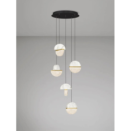 Lampa wisząca marmurowo-szklana 5 punktowa Pianetti 46cm LED 3000K biały marmur / złoty mosiądz / przeźroczysty