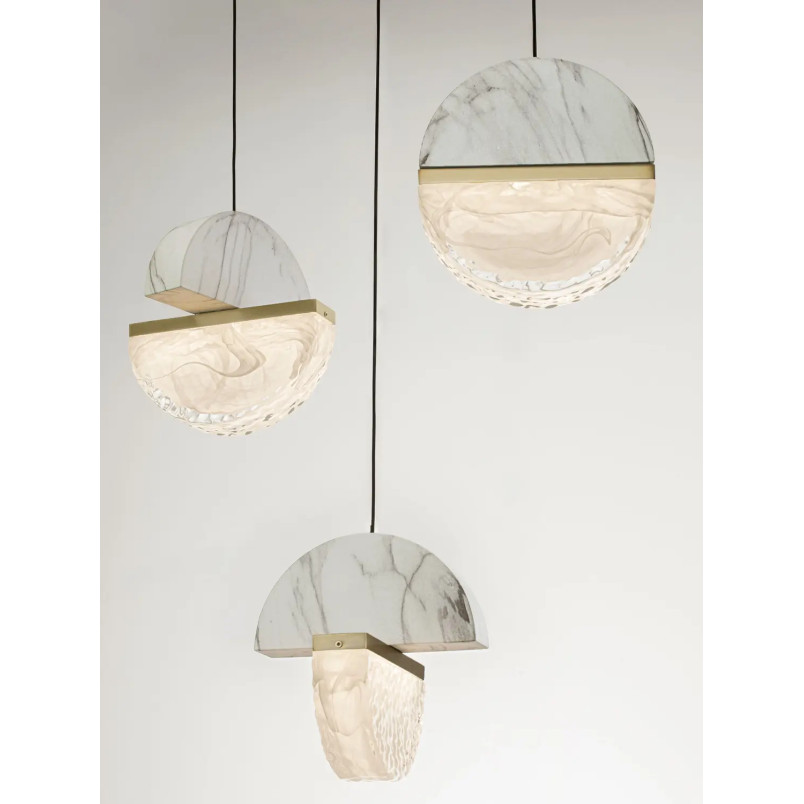 Lampa wisząca marmurowo-szklana 5 punktowa Pianetti 46cm LED 3000K biały marmur / złoty mosiądz / przeźroczysty